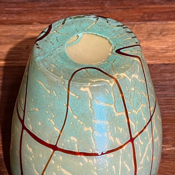 Hand Blown Studio Art Cased Glass 9" VASE Applied Overlay Green w/ Red Drizzle - Picture 8 of 10